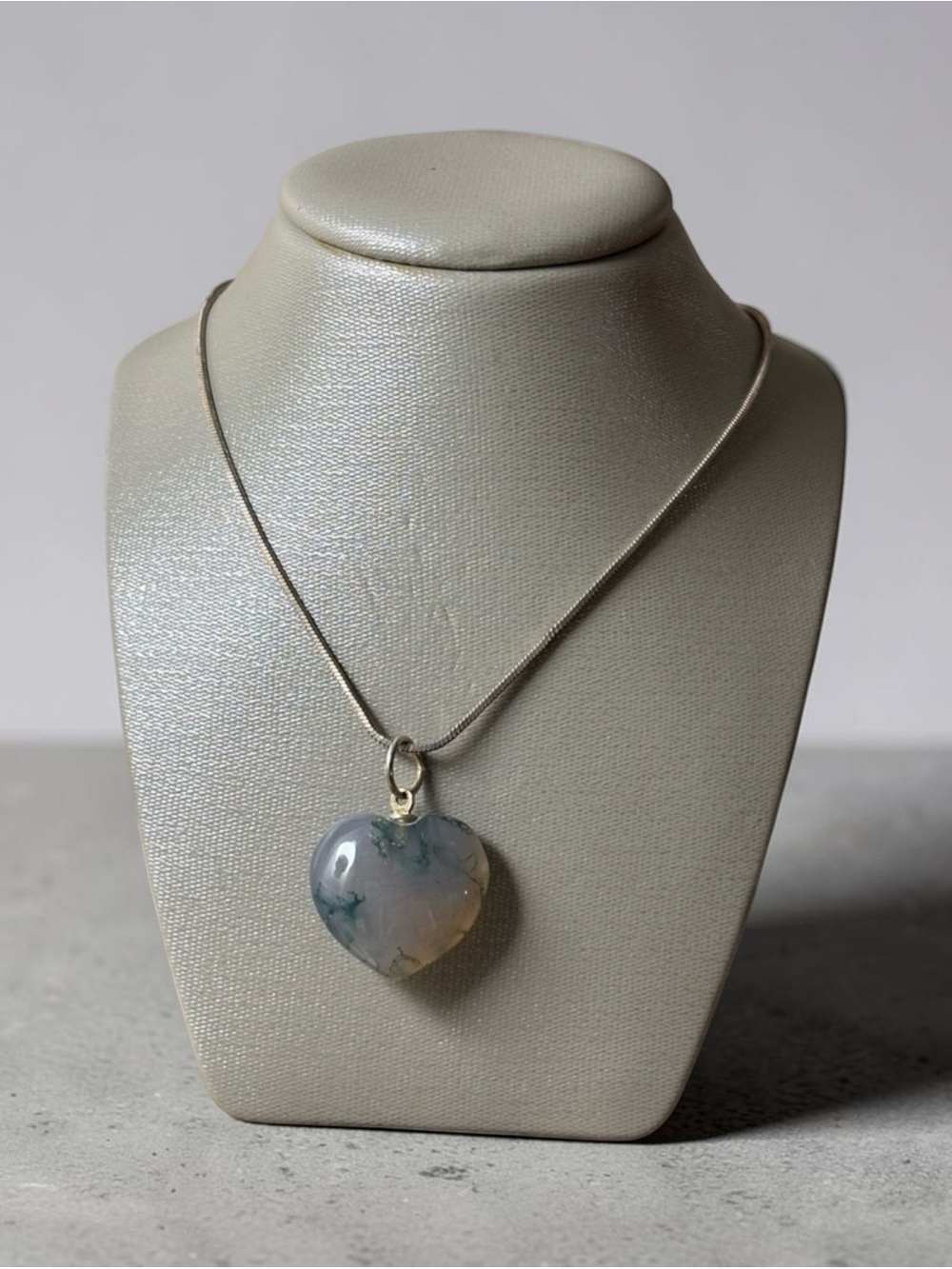 Heart Shaped Moss Agate Pendant in Pale Gray-Green